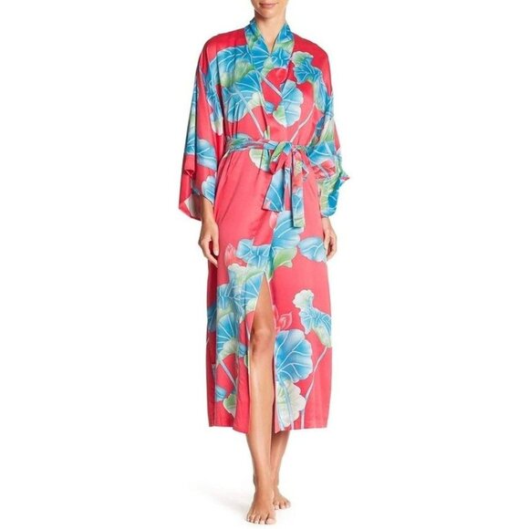 Natori Private Luxuries Floral Kimono Robe Belted Tie Vibrant Red Blue M Resort - Picture 1 of 10